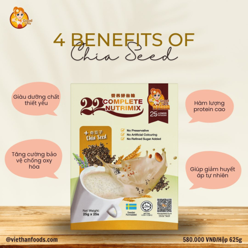 Bột ngũ cốc dinh dưỡng 22 Complete Nutrimix - Chia Seed (Hạt Chia) 625g - Hộp giấy
