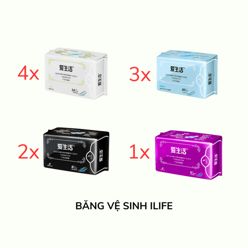 COMBO 4 BĂNG VỆ SINH ILIFE BAN NGÀY, 3 BĂNG VỆ SINH ILIFE HÀNG NGÀY, 2 BĂNG VỆ SINH ILIFE BAN ĐÊM, 1